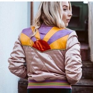 Anthropologie Classic Rock Couture Rising Sun Satin Bomber Jacket Coat
